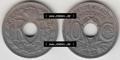 Frankreich 10 CMES EGALITÉ FRATERNITÉ LIBERTÉ 1922 (Stück 1), 10 Cmes / Centime / Cent Umlaufmünze aus Frankreich in der... Sammlung