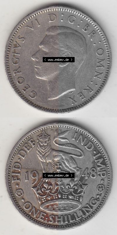 Münzen Großbritannien Umlaufmünze 1949-1951, 1 One Schilling - Shilling, 1948 (Stück 1) Stehender Löwe auf Krone. Vorderseite... Sammlung