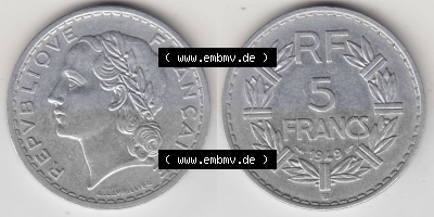 Alte Münzen KMS Frankreich, aus Kursmünzensatz-Zusammenstellung der Jahre 1917-1952, mit der Münze 1945-1952, 5 Franken, Francs... Sammlung