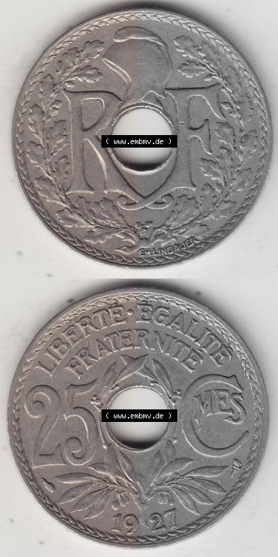 Alte Münzen KMS Frankreich, aus Kursmünzensatz-Zusammenstellung der Jahre 1917-1952, mit der Münze 1917-1937, 25 Cmes, Centime... Sammlung