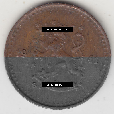 Alte Münzen KMS Finnland, Kursmünzensatz 1940-1943, 25 Penny, Penniä Kupfer 1941 (Stück 1). Vorderseite einer Münze aus KMS... Sammlung