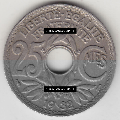Münzen Frankreich Umlaufmünze 1917-1937, 25 Cmes, Centimes 1932 (Stück 1) LIBERTE EGALITE FRATERNITE. Digitales Bild der Rückseite... Sammlung