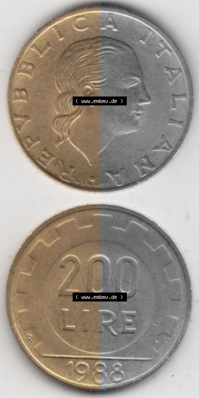 Bildmaterial von Münzen aus Italien / Italia Gedenkmünzen 1977-2001, 200 Lire, Zahnrad. Vorderseite und Rückseite vertikal... Sammlung