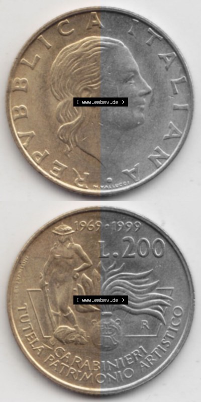 Bildmaterial von Münzen aus Italien / Italia Gedenkmünzen 1999-1999, 200 Lire Carabinieri, Schutz der Kunsterbe. Vorderseite... Sammlung