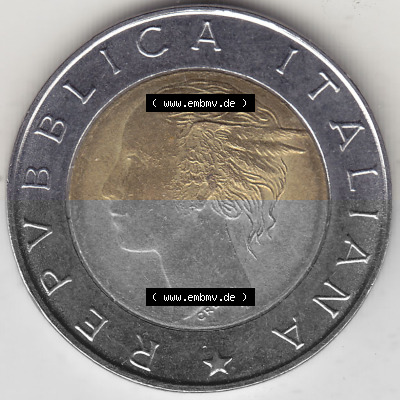 Bildmaterial von Münzen aus Italien / Italia Gedenkmünzen 1997-1997, 500 Lire, 50 Jahre Staatspolizei (1947-1997), POLIZIA DI... Sammlung