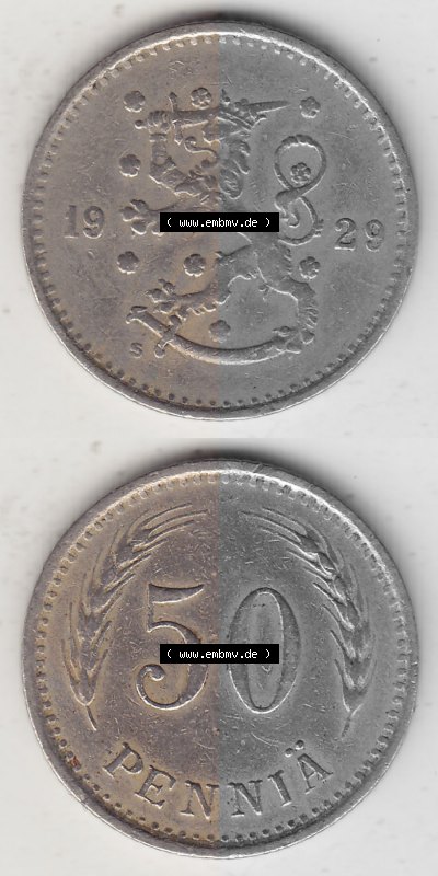 Alte Münzen KMS Finnland, Kursmünzensatz 1921-1940, 50 Penny, Penniä 1929. Digitales Bild / Bildmaterial für IPhone und Mobil-Geräte... Sammlung