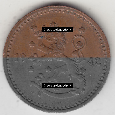 Alte Münzen KMS Finnland, Kursmünzensatz 1940-1951, 1 finnische Mark, Markka, Kupfer 1942 (Stück 1). Vorderseite einer Münze... Sammlung