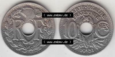 10 Cmes / Centime / Cent Umlaufmünze aus Frankreich in der Francs-Währung Sammlung