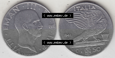 Alte Münzen KMS Italien / Italia, Kursmünzensatz - Zusammenstellung 1908-1943, mit Münze 1939-1943, 50 Centesimi, Cent, Viktor... Sammlung
