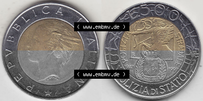 Bildmaterial von Münzen aus Italien / Italia Gedenkmünzen 1997-1997, 500 Lire, 50 Jahre Staatspolizei (1947-1997), POLIZIA DI... Sammlung