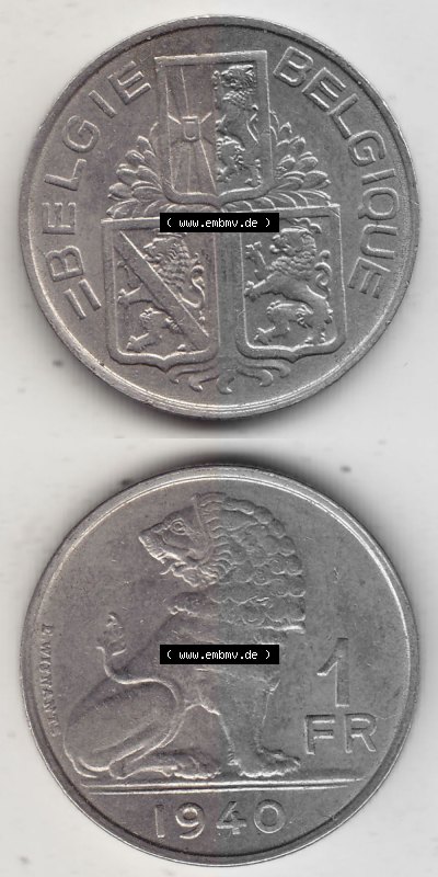 Münze 1939-1940, 1 FR, Franken, BELGIE - BELGIQUE 1940 Sammlung