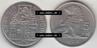 Münze 1938-1939, 5 Franken, FR, Francs, BELGIE - BELGIQUE 1939 Sammlung