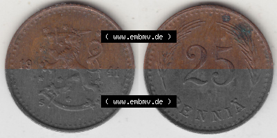 Alte Münzen KMS Finnland, Kursmünzensatz 1940-1943, 25 Penny, Penniä Kupfer 1941 (Stück 1). Digitales Bild / Bildmaterial... Sammlung