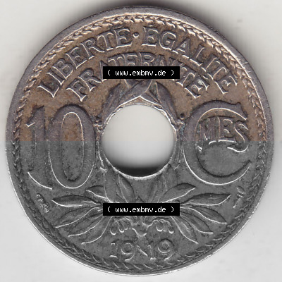 Frankreich 10 CMES EGALITÉ FRATERNITÉ LIBERTÉ 1919 (Stück 1), 10 Cmes / Centime / Cent Umlaufmünze aus Frankreich in der... Sammlung