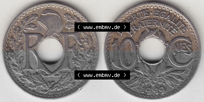 Frankreich 10 CMES EGALITÉ FRATERNITÉ LIBERTÉ 1919 (Stück 1), 10 Cmes / Centime / Cent Umlaufmünze aus Frankreich in der... Sammlung