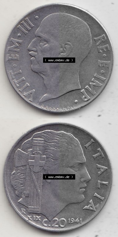 Alte Münzen KMS Italien / Italia, Kursmünzensatz - Zusammenstellung 1908-1943, mit Münze 1939-1943, 20 C. Centesimi, Cent 1941... Sammlung