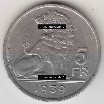 Münze 1938-1939, 5 Franken, FR, Francs, BELGIE - BELGIQUE 1939 Sammlung