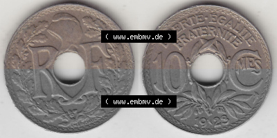 Frankreich 10 CMES EGALITÉ FRATERNITÉ LIBERTÉ 1923 (Stück 1), 10 Cmes / Centime / Cent Umlaufmünze aus Frankreich in der... Sammlung