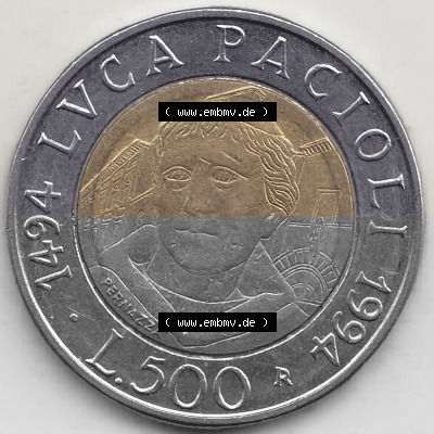 Bildmaterial von Münzen aus Italien / Italia Gedenkmünzen 1994-1994, 500 Lire, 500. Geburtstag von Luca Pacioli (1494-1994)-2.... Sammlung