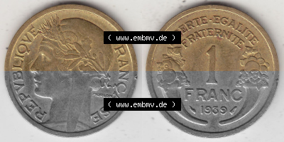 Alte Münzen KMS Frankreich, aus Kursmünzensatz-Zusammenstellung der Jahre 1917-1952, mit der Münze 1931-1941, 1 Franken, Franc,... Sammlung