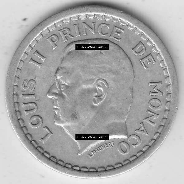 Grau bzw. s/w Alte Münzen Monaco Umlaufmünze Einzelansicht 1943-1943, 1 Franken 1943-1 Aluminium, L. MAUBERT LOUIS II PRINCE DE MONACO, 1 FRANC DEO JUVANTE. Vorderseite der... Sammlung Graustufen