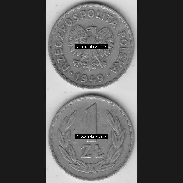Grau bzw. s/w Münzen Polen KMS, Kursmünzensatz 1949-1949, Republik Polen 1 Zloty, Kupfer 1949-1. Vorderseite und Rückseite vertikal, untereinander mit Wert-Zahl / Wert-Angabe... Sammlung Graustufen
