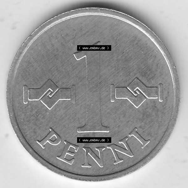 Grau bzw. s/w Alte Münzen KMS Finnland, Kursmünzensatz 1976 in Stempelglanz 1969-1979, 1 Penny, Penni 1976-1, SUOMEN TASAVALTA. Rückseite einer Münze aus KMS /... Sammlung Graustufen