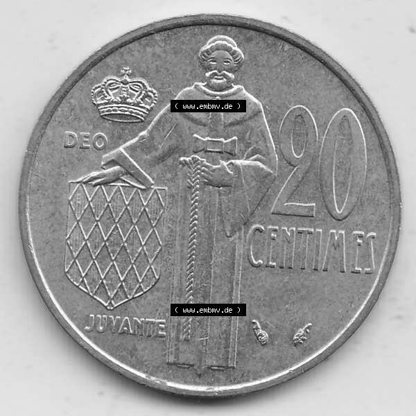 Grau bzw. s/w Alte Münzen Monaco Umlaufmünze Einzelansicht 1962-1995, 20 Centimes, Cent 1979-1, RAINIER III PRINCE DE MONACO SIMON, 20 CENTIMES DEO JUVANTE. Rückseite auf... Sammlung Graustufen
