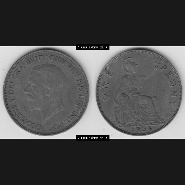 Grau bzw. s/w Münzen Großbritannien Umlaufmünze 1928-1936, 1 One Penny, 1936-3, George V. BM GEORGIVS V DEI GRABRITTOMNREX FIDDEFINDIMP. Vorderseite und Rückseite... Sammlung Graustufen