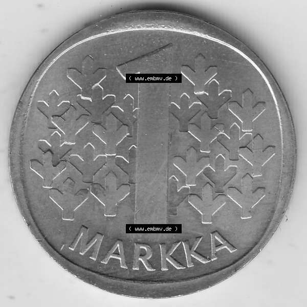 Grau bzw. s/w Alte Münzen KMS Finnland, Kursmünzensatz 1978 in Stempelglanz 1969-1993, 1 finnische Mark, Markka 1978-1. Rückseite mit Wert-Zahl bzw. Nennwert einer Münze... Sammlung Graustufen