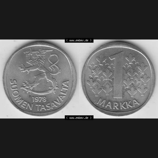 Grau bzw. s/w Alte Münzen KMS Finnland, Kursmünzensatz 1978 in Stempelglanz 1969-1993, 1 finnische Mark, Markka 1978-1. Digitales Bild / Bildmaterial mit Vorderseite und Rückseite... Sammlung Graustufen