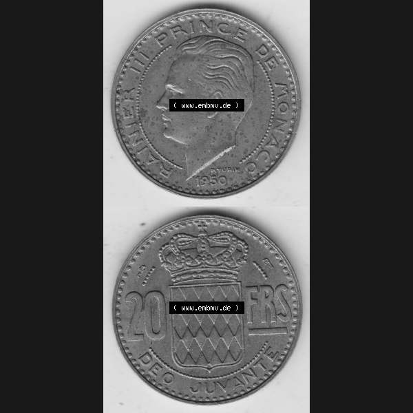 Grau bzw. s/w Alte Münzen Monaco Umlaufmünze Vollansicht 1950-1951, 20 Franken - FRS, Francs, 1950-1, P. TURIN RAINIER III PRINCE DE MONACO, 20 FRS DEO JUVANTE.... Sammlung Graustufen