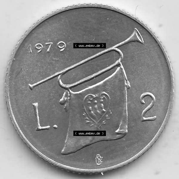 Grau bzw. s/w Bildmaterial Münzensatz / KMS 1979 aus San Marino 1979-1979, 2 Lire, J. V. LIBERTAS REPVBBLICA DI S. MARINO, 1979 L.2. Rückseite als Einzelansicht... Sammlung Graustufen