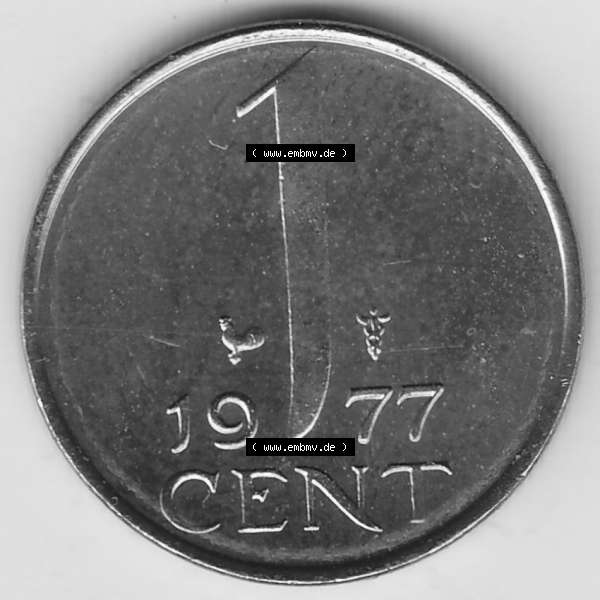 Grau bzw. s/w Alte Münzen KMS Niederlande, Kursmünzensatz 1977, 1950-1980, 1 Cent, 1977-1, JULIANA KONINGIN DER NEDERLANDEN. Rückseite mit Wert-Zahl bzw. Nennwert... Sammlung Graustufen