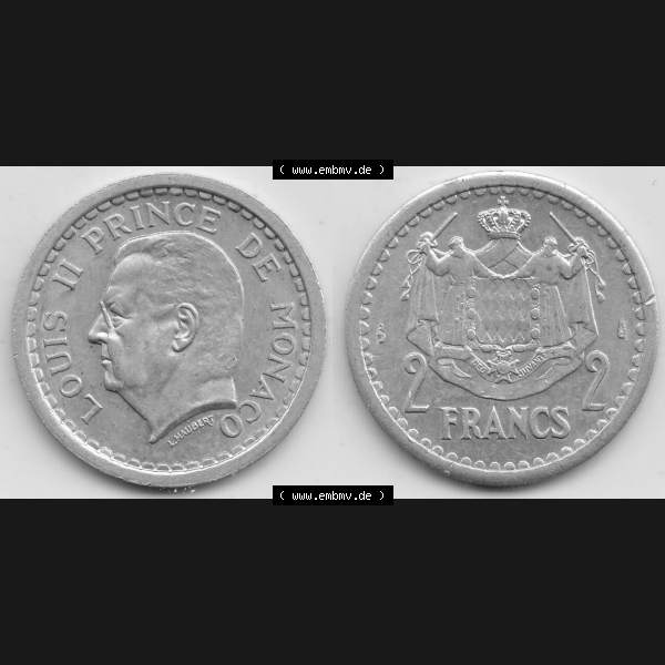 Grau bzw. s/w Alte Münzen Monaco Umlaufmünze Vollansicht 1943-1943, 2 Franken 1943-1 in Aluminium, LOUIS II PRINCE DE MONACO, 2 FRANCS DEO JUVANTE. Vorderseite und Rückseite horizontal... Sammlung Graustufen