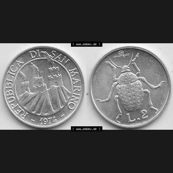 Grau bzw. s/w Bildmaterial Münzensatz / KMS 1974 aus San Marino 1974-1974, 2 Lire, L.2 MINGUZZI MONASSI INC.. Vorderseite und Rückseite als horizontales Bildmaterial für... Sammlung Graustufen