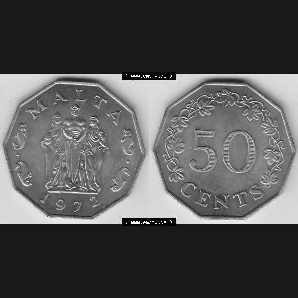 Grau bzw. s/w Bildmaterial Münzensatz / KMS 1972 aus Malta 1972-1981, 50 Cent 1972-1, MALTA 50 CENTS. Vorderseite und Rückseite als horizontales Bildmaterial für Computer-Grafiker... Sammlung Graustufen