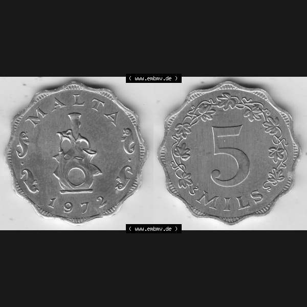 Grau bzw. s/w Bildmaterial Münzensatz / KMS 1972 aus Malta 1972-2007, 5 Mils 1972-1, MALTA 5 MILS. Vorderseite und Rückseite als horizontales Bildmaterial für Computer-Grafiker... Sammlung Graustufen