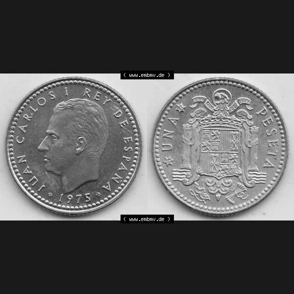 Grau bzw. s/w Alte Münzen KMS Spanien Madrid, Kursmünzensatz 1977, in Stempelglanz Spanien / Espana 1975-1980, 1 PTA UNA Peseta, 1977-1. Vorderseite und Rückseite mit... Sammlung Graustufen