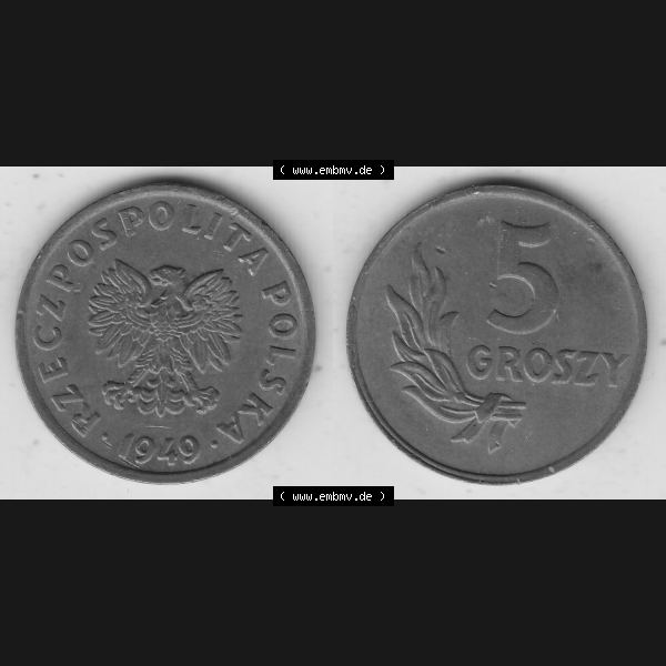 Grau bzw. s/w Münzen Polen KMS, Kursmünzensatz 1949-1949, Republik Polen 5 Groszy, Groschen, Bronze 1949-1. Vorderseite und Rückseite horizontal mit Wert-Zahl / Wert-Angabe... Sammlung Graustufen