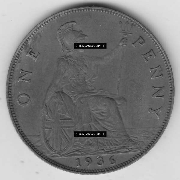 Grau bzw. s/w Münzen Großbritannien Umlaufmünze 1928-1936, 1 One Penny, 1936-3, George V. BM GEORGIVS V DEI GRABRITTOMNREX FIDDEFINDIMP. Rückseite der alten britischen... Sammlung Graustufen