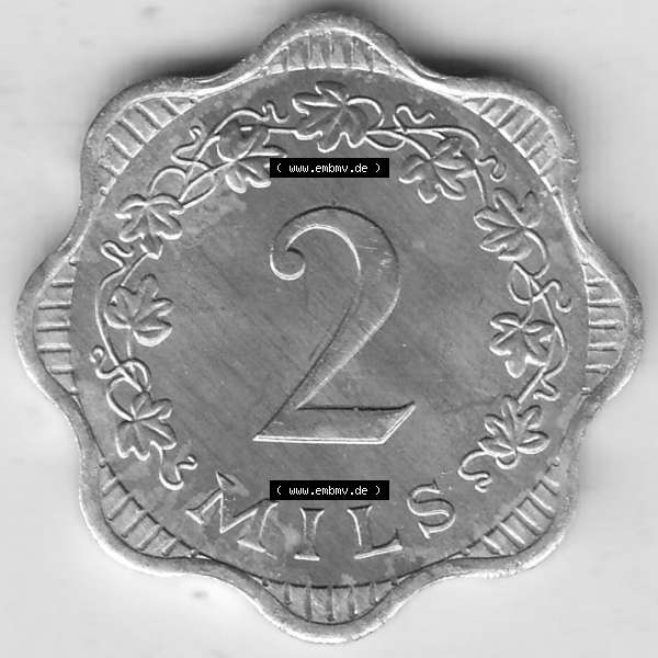 Grau bzw. s/w Bildmaterial Münzensatz / KMS 1972 aus Malta 1972-2007, 2 Mils 1972-1, MALTA 2 MILS. Rückseite als Einzelansicht einer Umlaufmünze aus 1972 Malta, Münze... Sammlung Graustufen