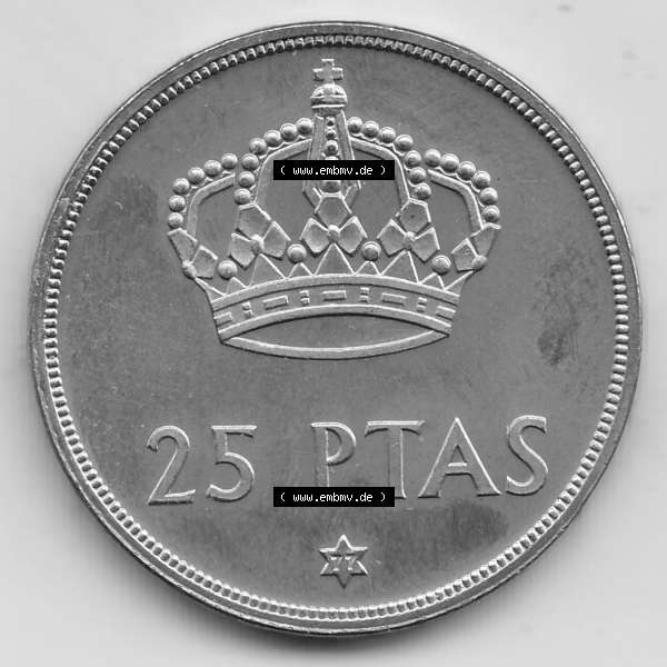 Grau bzw. s/w Alte Münzen KMS Spanien Madrid, Kursmünzensatz 1977, in Stempelglanz Spanien / Espana 1975-1980, 25 PTAS Peseten, 1977-1. Rückseite mit Wert-Zahl der alten... Sammlung Graustufen
