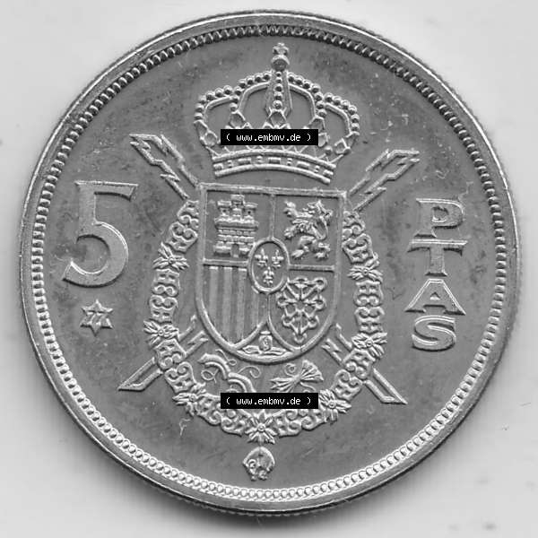 Grau bzw. s/w Alte Münzen KMS Spanien Madrid, Kursmünzensatz 1977, in Stempelglanz Spanien / Espana 1975-1980, 5 PTAS Peseten, 1977-1. Rückseite mit Wert-Zahl der alten... Sammlung Graustufen