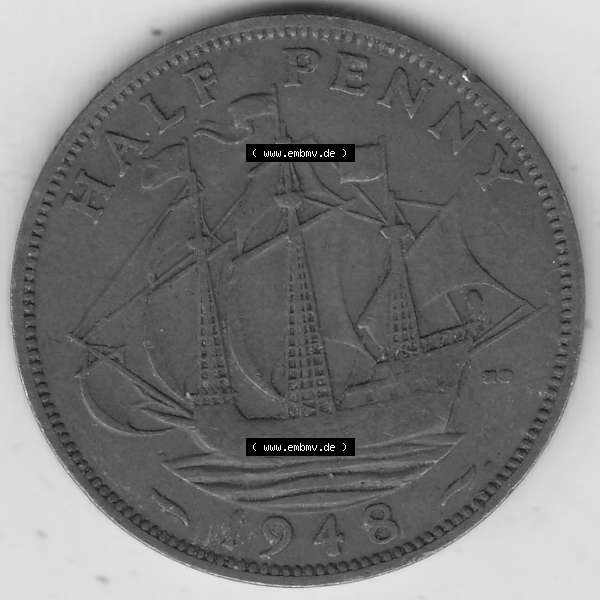 Grau bzw. s/w Alte Münzen Großbritannien Umlaufmünze 1937-1948, Half Penny, 1948-1, George VI, HALF PENNY HP, Segelschiff. Rückseite der alten britischen Münze... Sammlung Graustufen