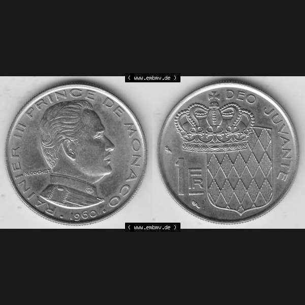 Grau bzw. s/w Alte Münzen Monaco Umlaufmünze Vollansicht 1960-1995, 1 Franken, Francs 1960-1, RAINIER III PRINCE DE MONACO R. COCHET, 1 FR DEO JUVANTE. Vorderseite und... Sammlung Graustufen