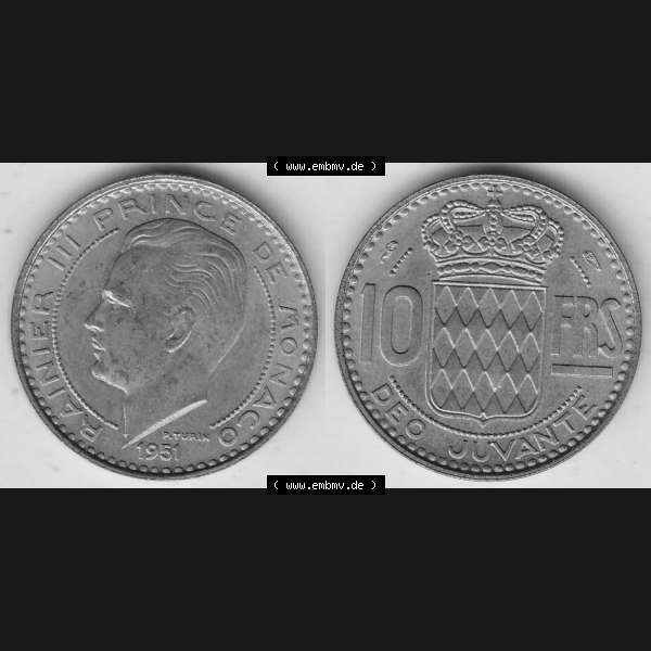 Grau bzw. s/w Alte Münzen Monaco Umlaufmünze Vollansicht 1950-1951, 10 Franken - FRS, Francs, 1951-1, P. TURIN RAINIER III PRINCE DE MONACO, 10 FRS DEO JUVANTE.... Sammlung Graustufen
