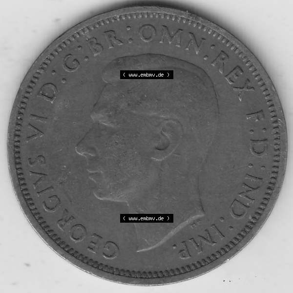 Grau bzw. s/w Alte Münzen Großbritannien Umlaufmünze 1937-1948, Half Penny, 1948-1, George VI, HALF PENNY HP, Segelschiff. Vorderseite der alten britischen Münze... Sammlung Graustufen
