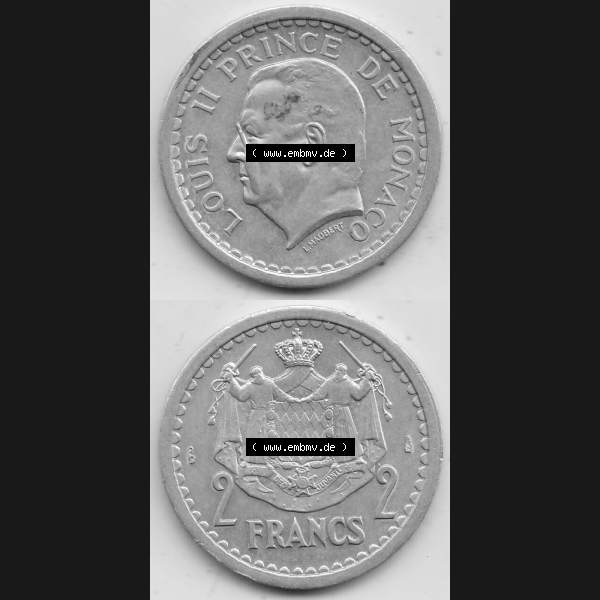 Grau bzw. s/w Alte Münzen Monaco Umlaufmünze Vollansicht 1943-1943, 2 Franken 1943-2, in Aluminium, LOUIS II PRINCE DE MONACO, 2 FRANCS DEO JUVANTE. Vorderseite und Rückseite... Sammlung Graustufen