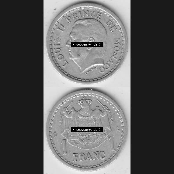 Grau bzw. s/w Alte Münzen Monaco Umlaufmünze Vollansicht 1943-1943, 1 Franken 1943-1 Aluminium, L. MAUBERT LOUIS II PRINCE DE MONACO, 1 FRANC DEO JUVANTE. Vorderseite und Rückseite... Sammlung Graustufen